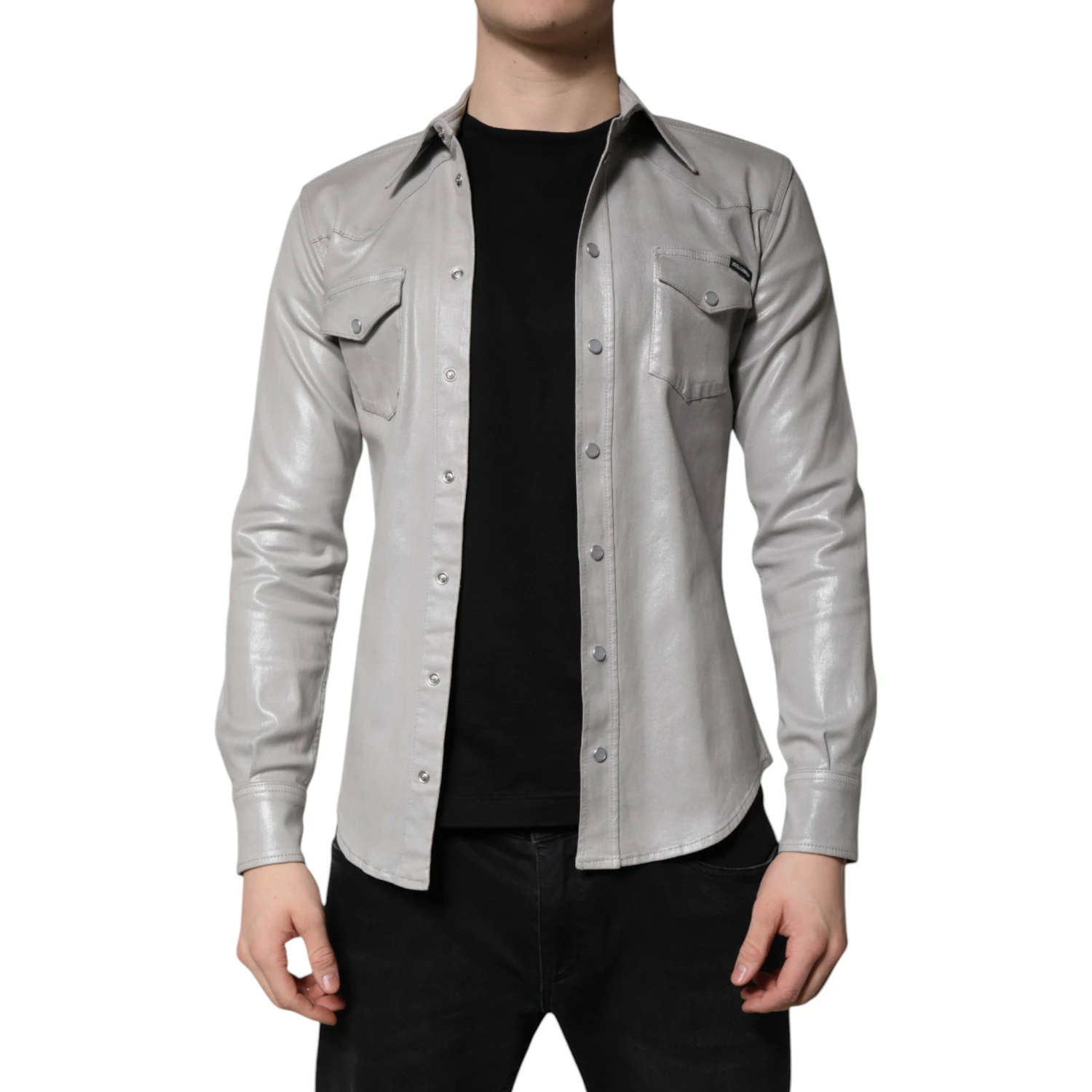 Metallic Gray Cotton Button Down Shirt