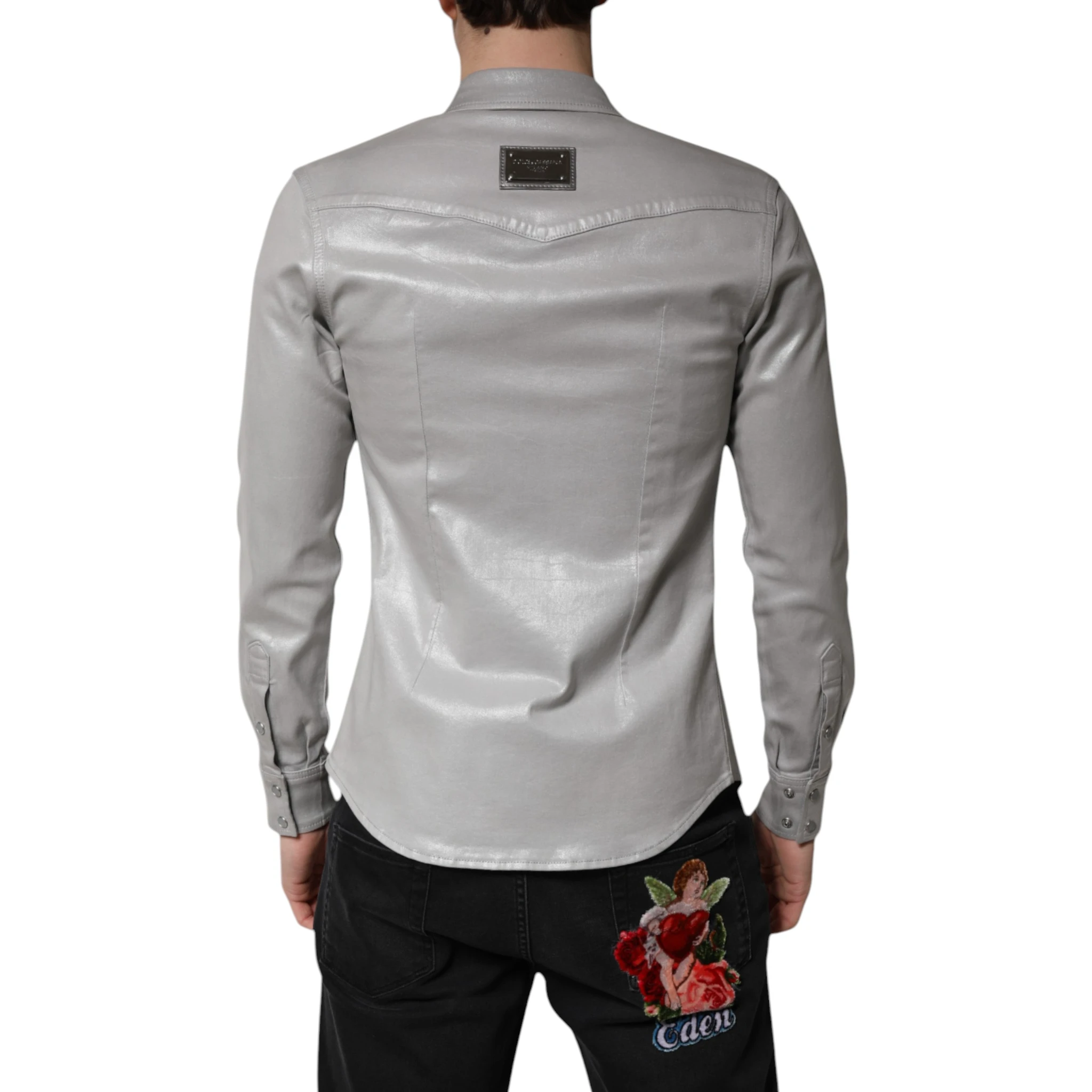 Metallic Gray Cotton Button Down Shirt