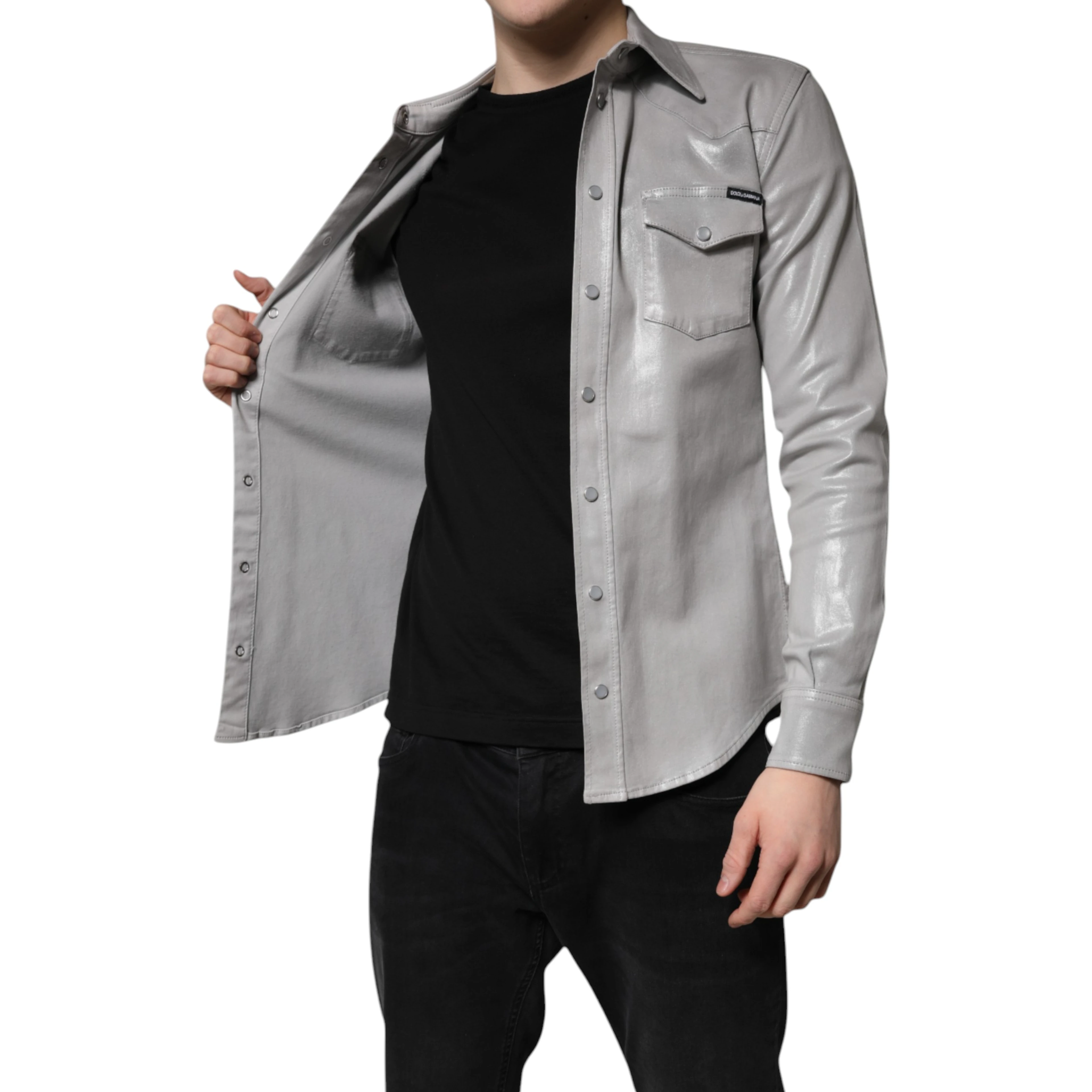Metallic Gray Cotton Button Down Shirt
