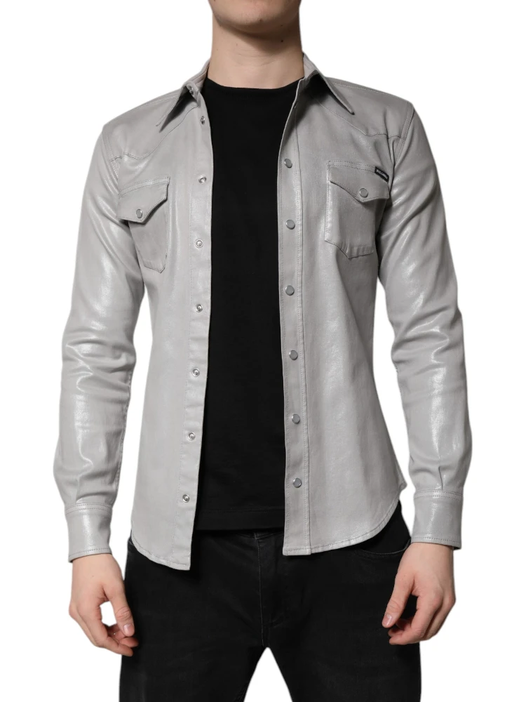 Metallic Gray Cotton Button Down Shirt