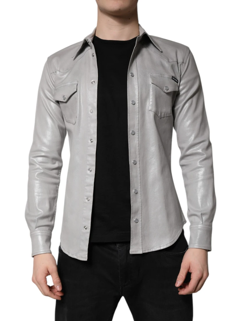 Metallic Gray Cotton Button Down Shirt