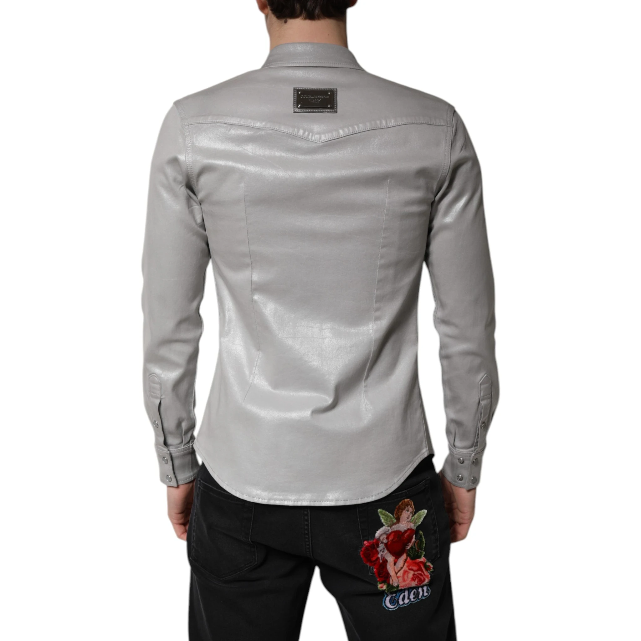 Metallic Gray Cotton Button Down Shirt