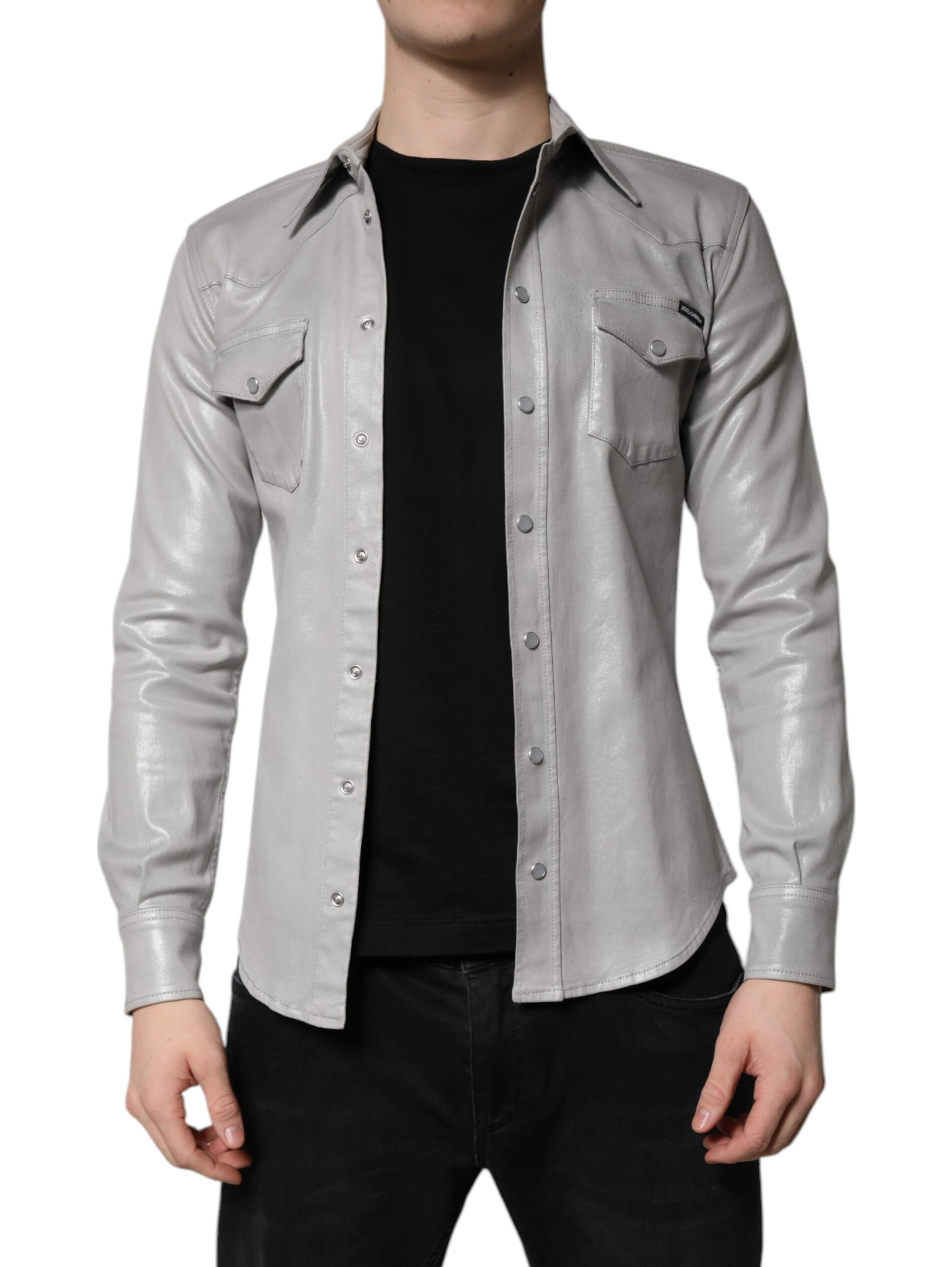 Metallic Gray Cotton Button Down Shirt