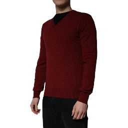 Maroon Cashmere V-neck Men Pullover Sweater