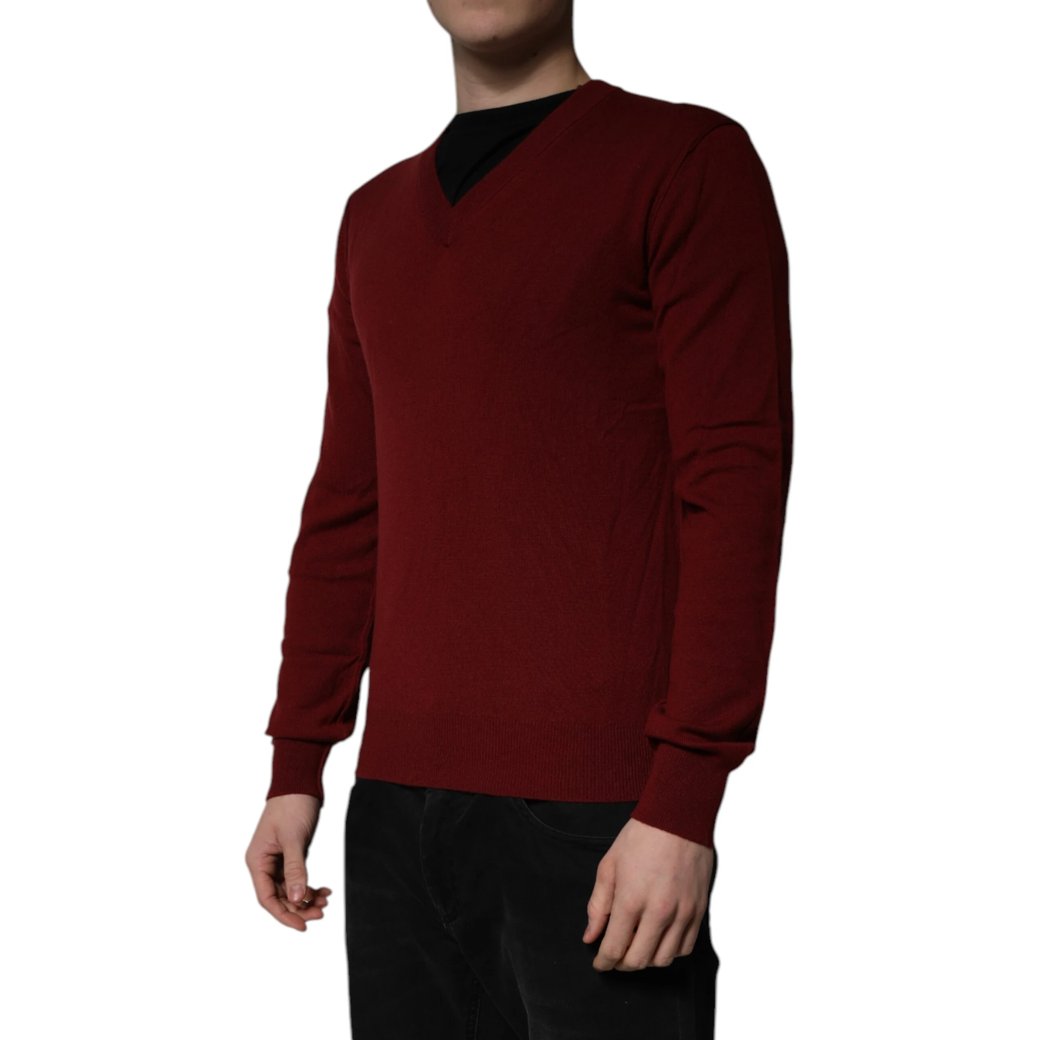 Maroon Cashmere V-neck Men Pullover Sweater