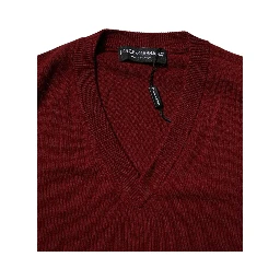 Maroon Cashmere V-neck Men Pullover Sweater