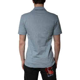 Blue Cotton Button Down Casual Men Polo Shirt