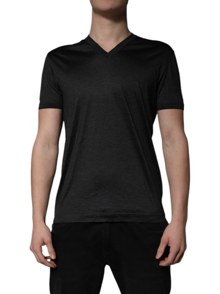 Dark Gray Silk V-neck Short Sleeves T-shirt