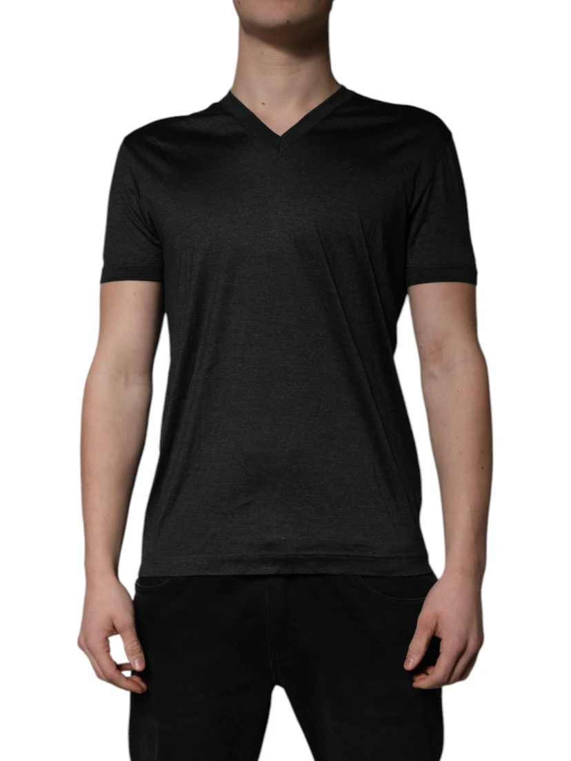 Dark Gray Silk V-neck Short Sleeves T-shirt
