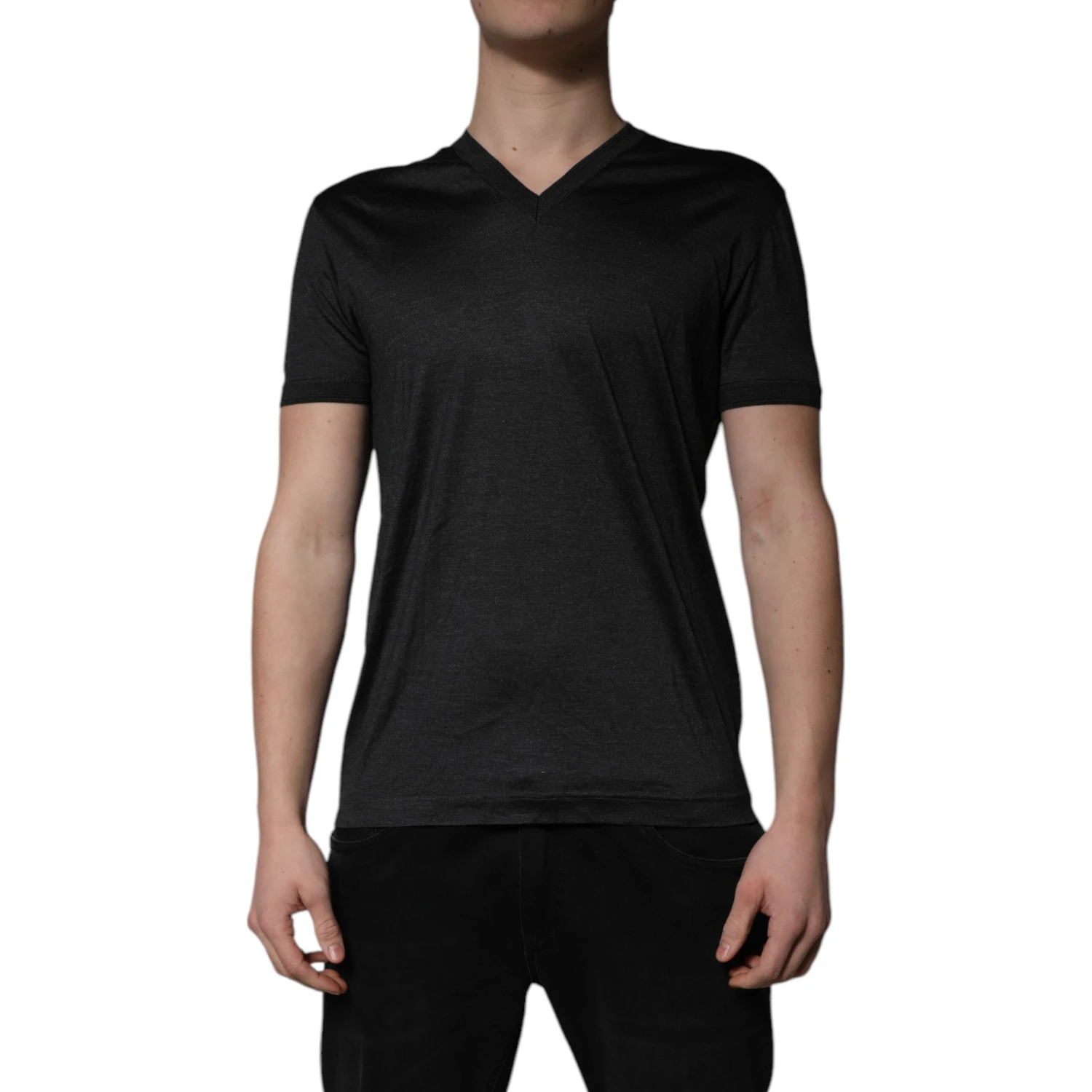 Dark Gray Silk V-neck Short Sleeves T-shirt