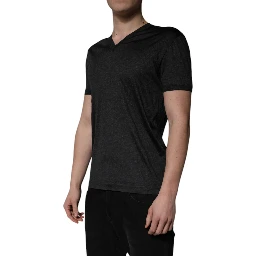 Dark Gray Silk V-neck Short Sleeves T-shirt