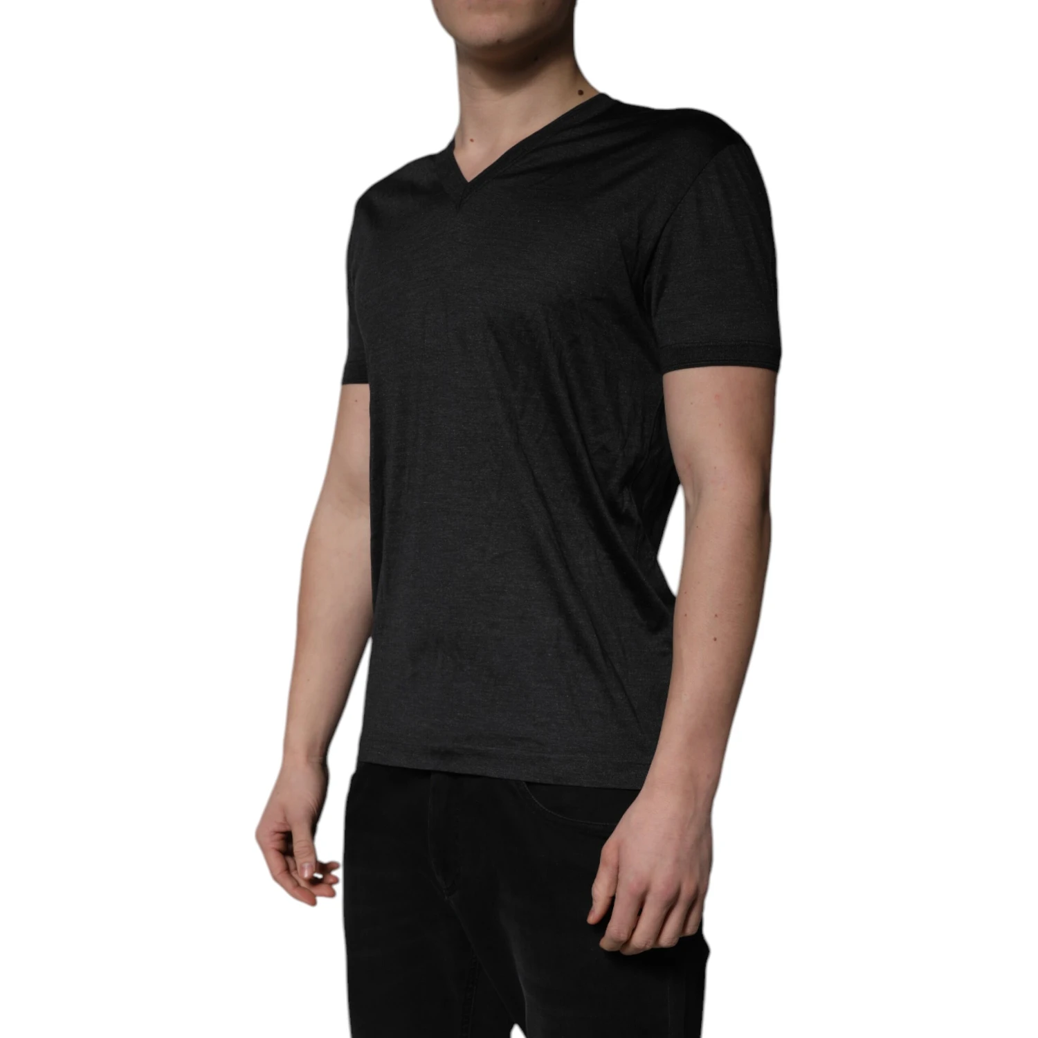 Dark Gray Silk V-neck Short Sleeves T-shirt