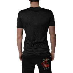 Dark Gray Silk V-neck Short Sleeves T-shirt