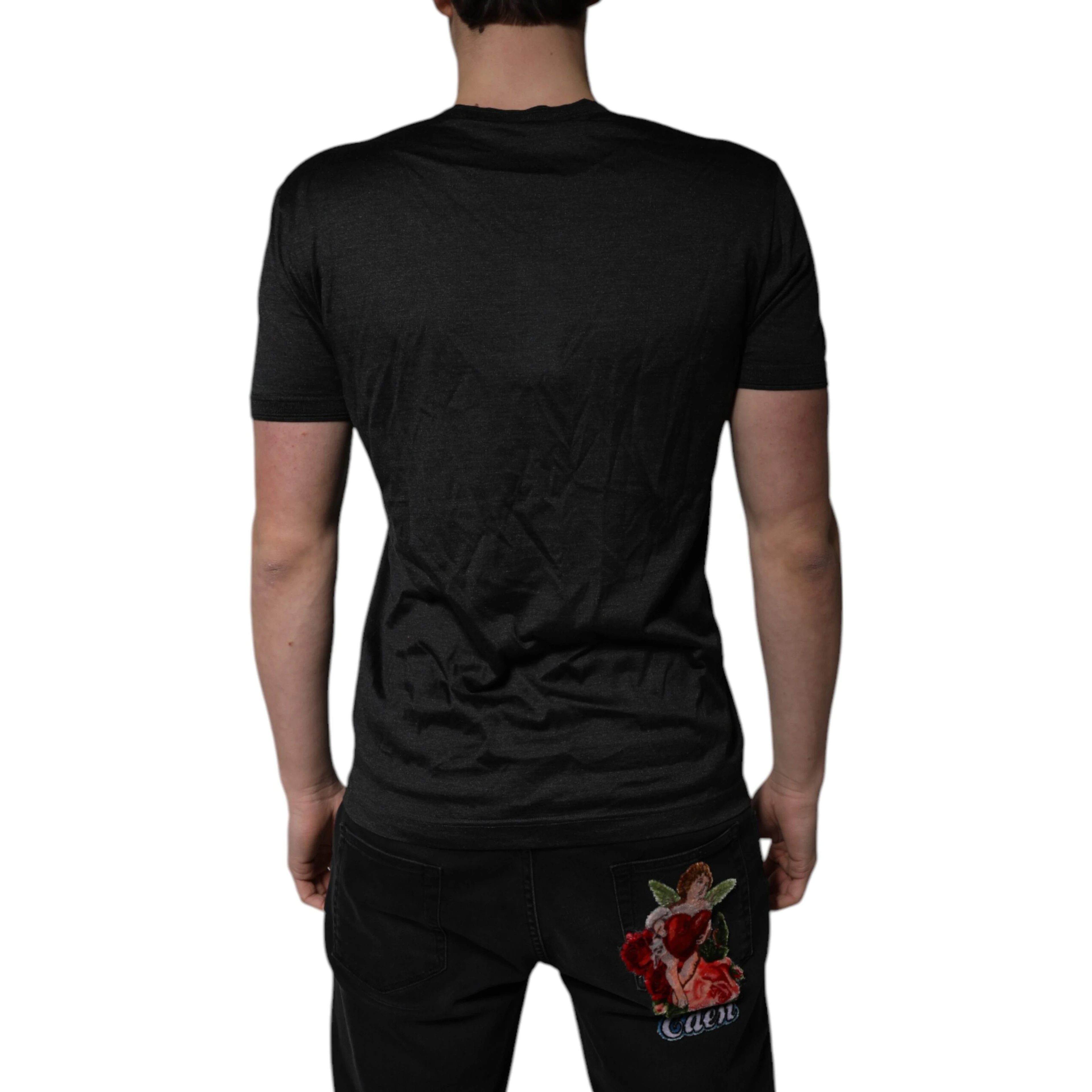 Dark Gray Silk V-neck Short Sleeves T-shirt