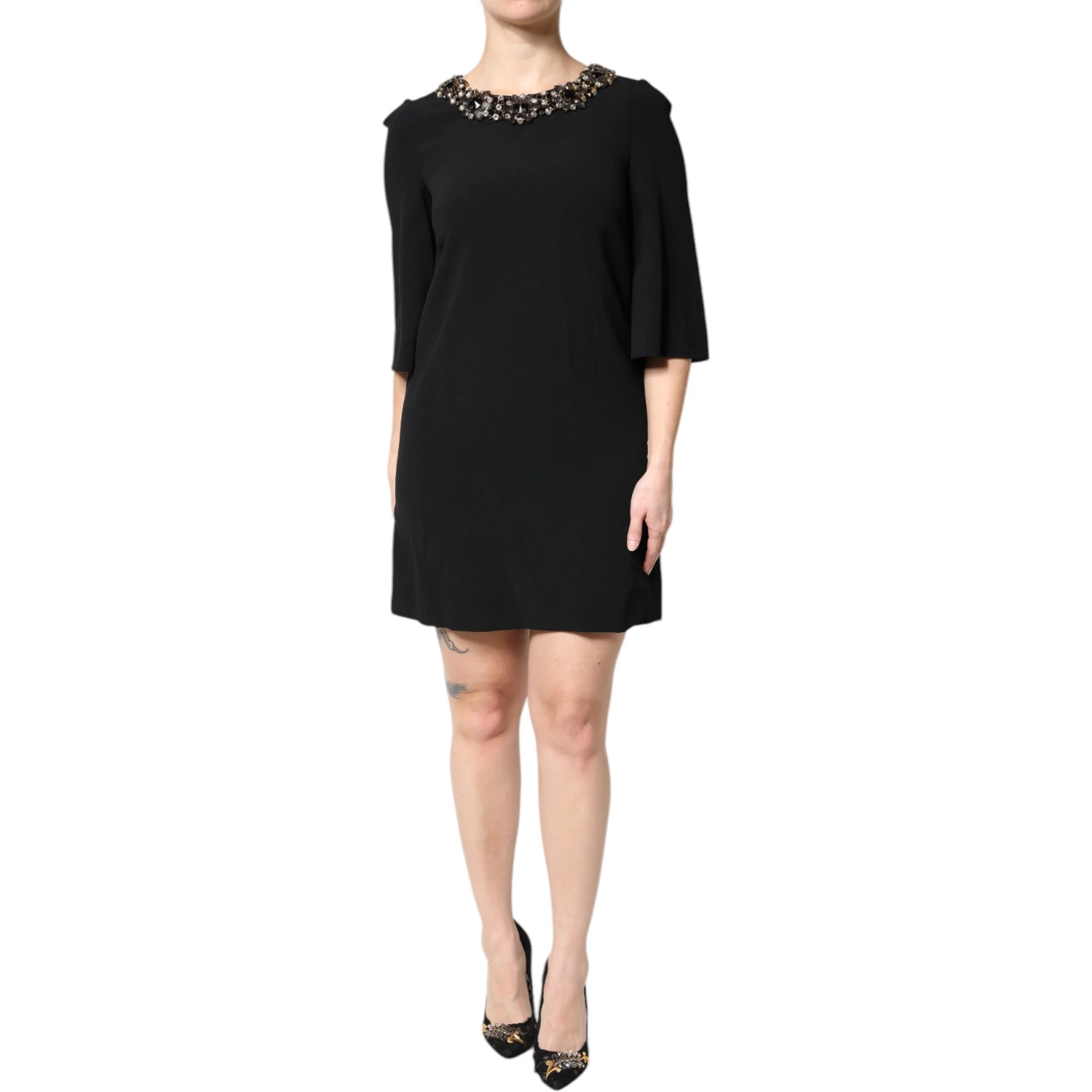 Black Crystal Embellished Round Neck Mini Dress