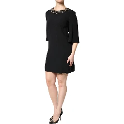 Black Crystal Embellished Round Neck Mini Dress