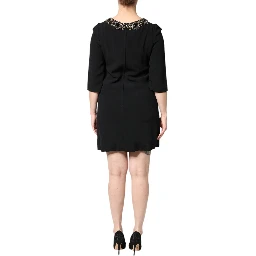 Black Crystal Embellished Round Neck Mini Dress