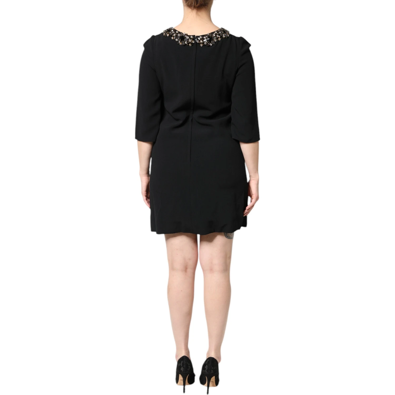 Black Crystal Embellished Round Neck Mini Dress