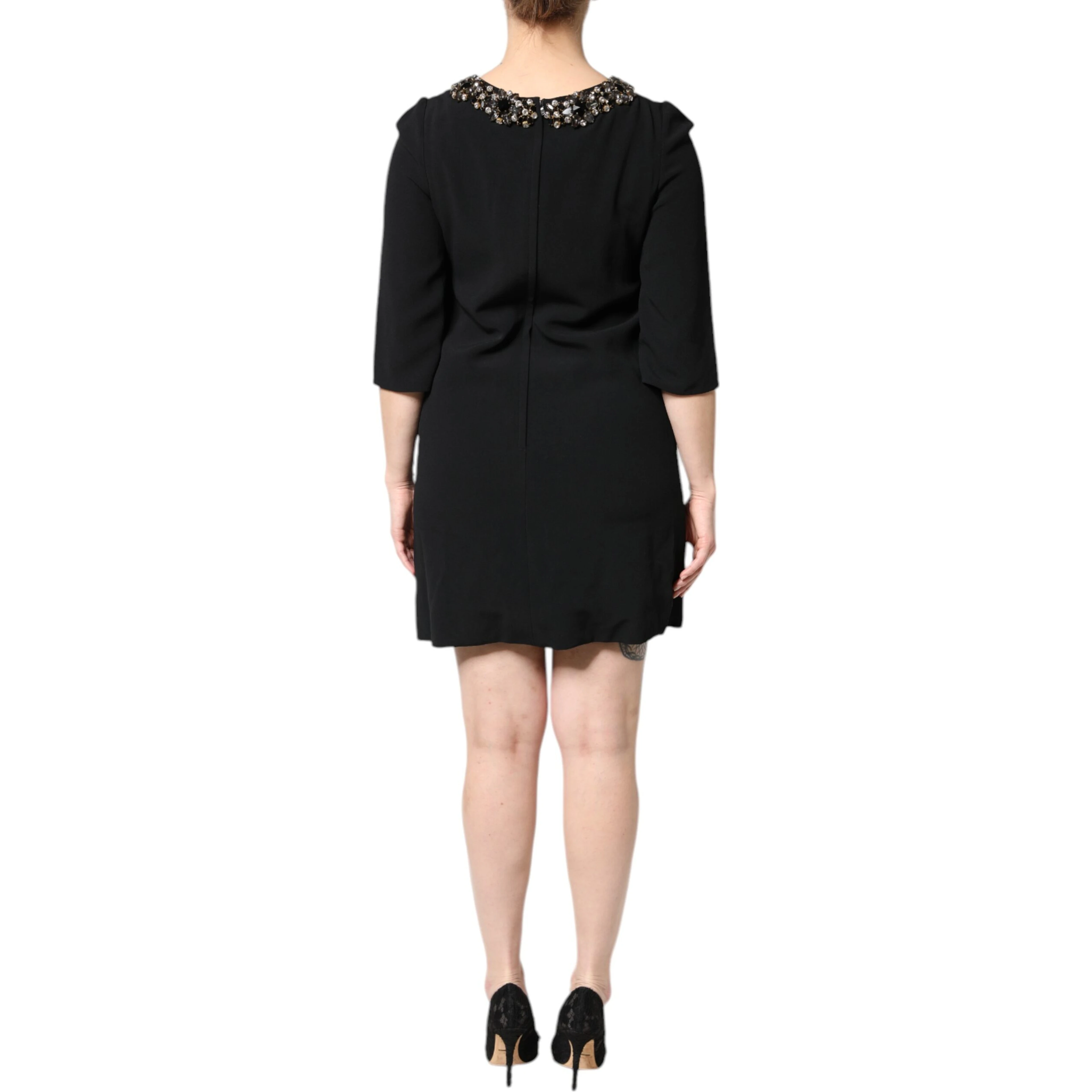 Black Crystal Embellished Round Neck Mini Dress