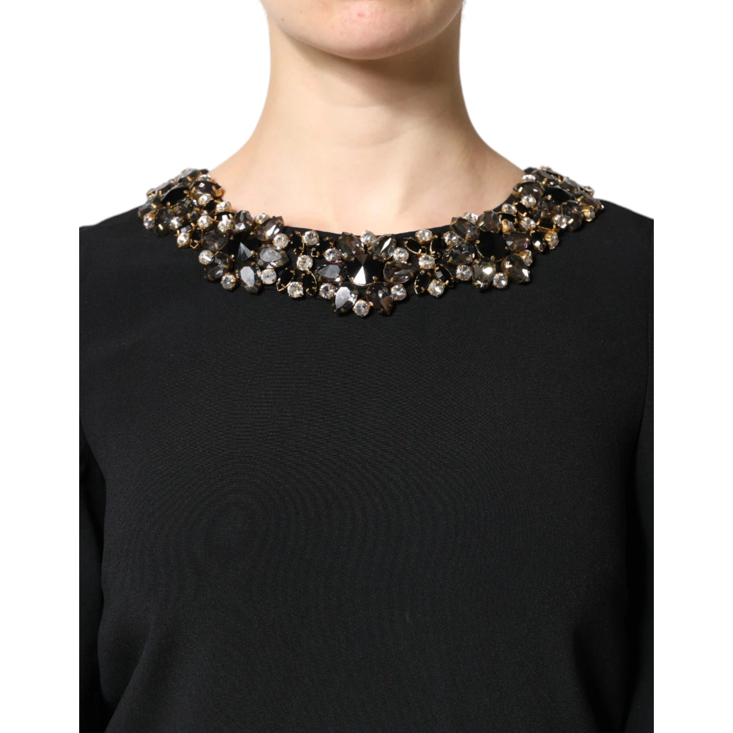 Black Crystal Embellished Round Neck Mini Dress