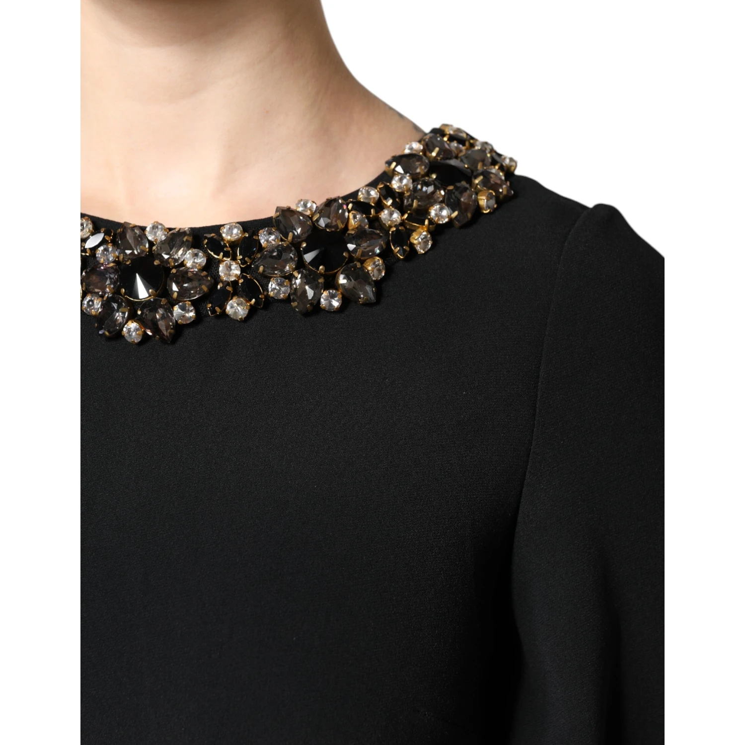 Black Crystal Embellished Round Neck Mini Dress