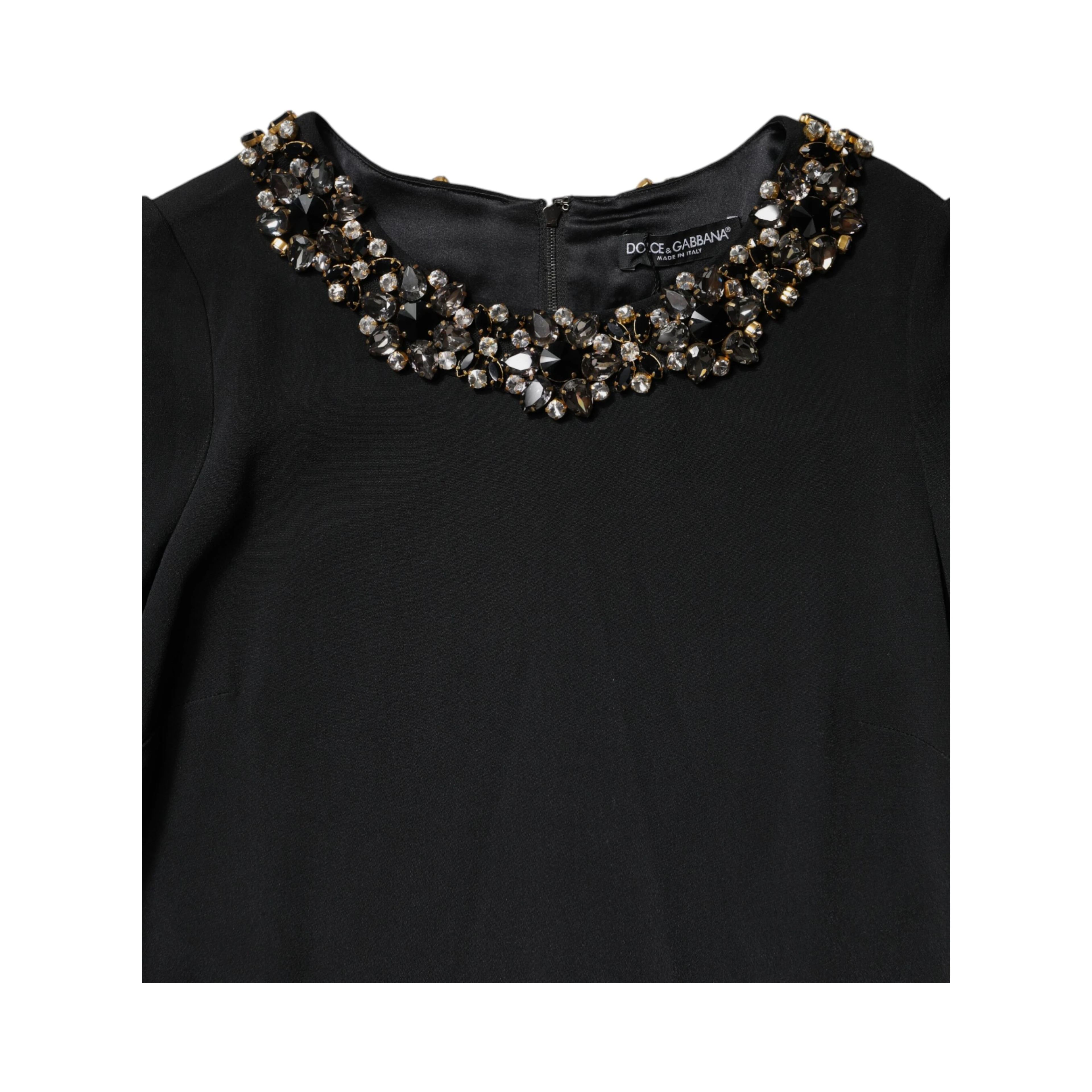 Black Crystal Embellished Round Neck Mini Dress