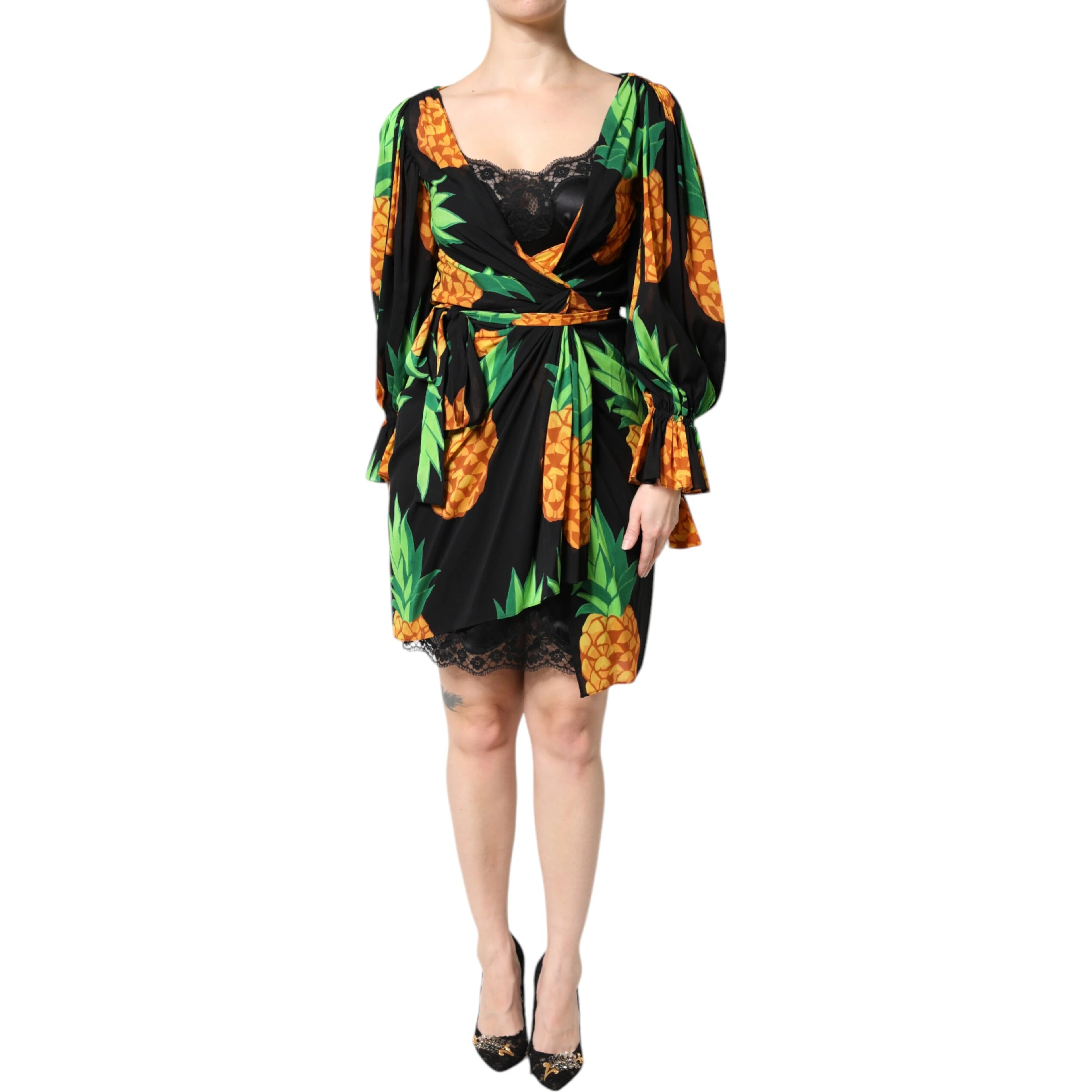Black Silk Pineapple Draped Print Wrap Dress