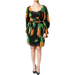 Black Silk Pineapple Draped Print Wrap Dress