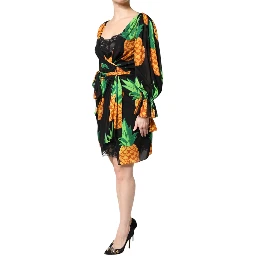 Black Silk Pineapple Draped Print Wrap Dress