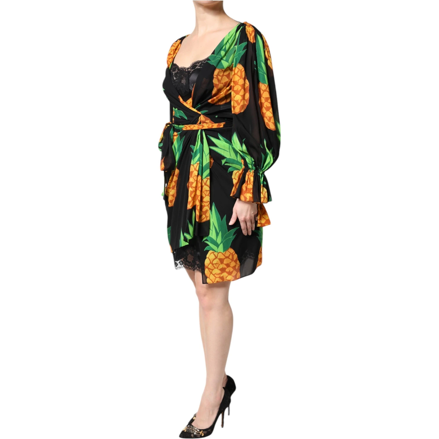 Black Silk Pineapple Draped Print Wrap Dress