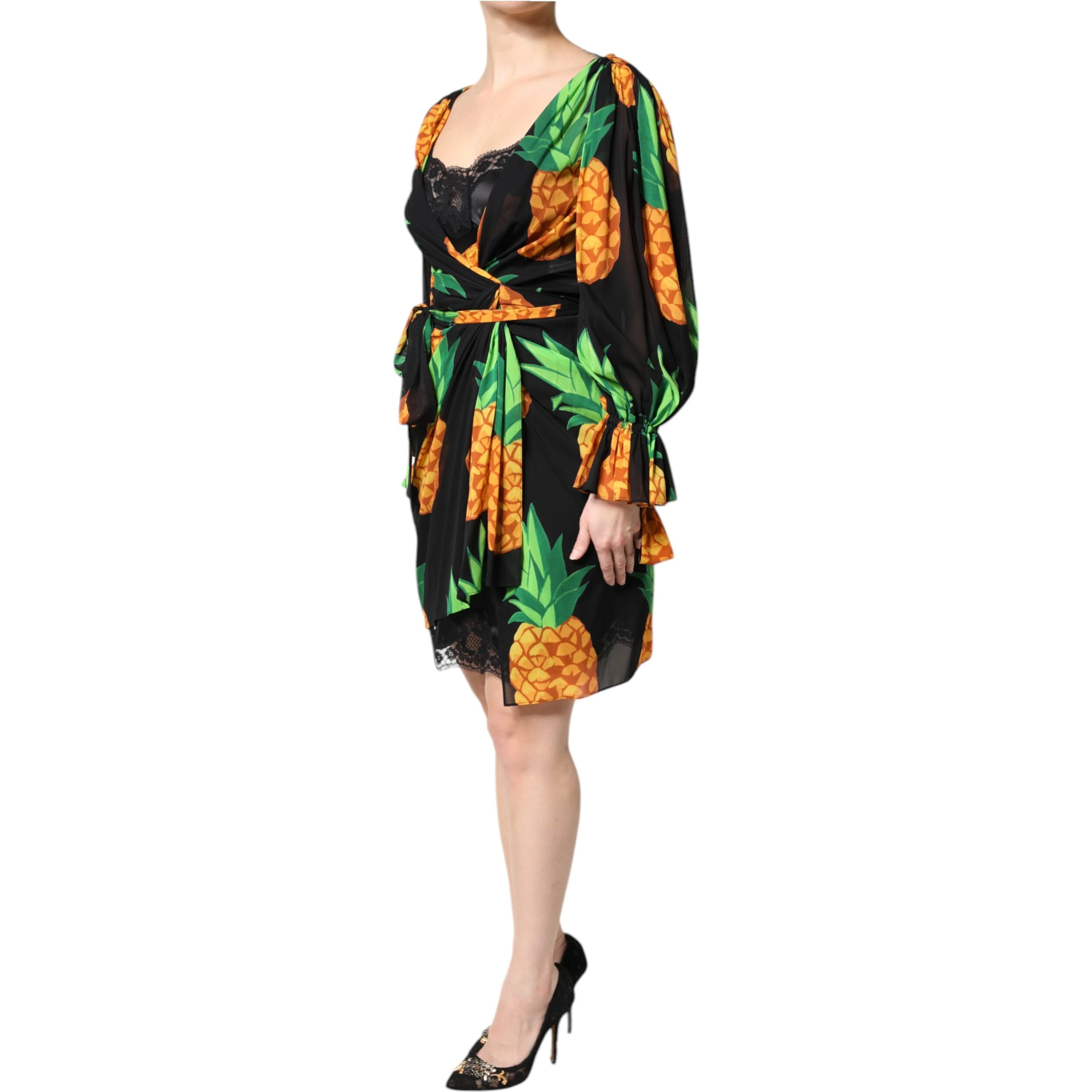 Black Silk Pineapple Draped Print Wrap Dress