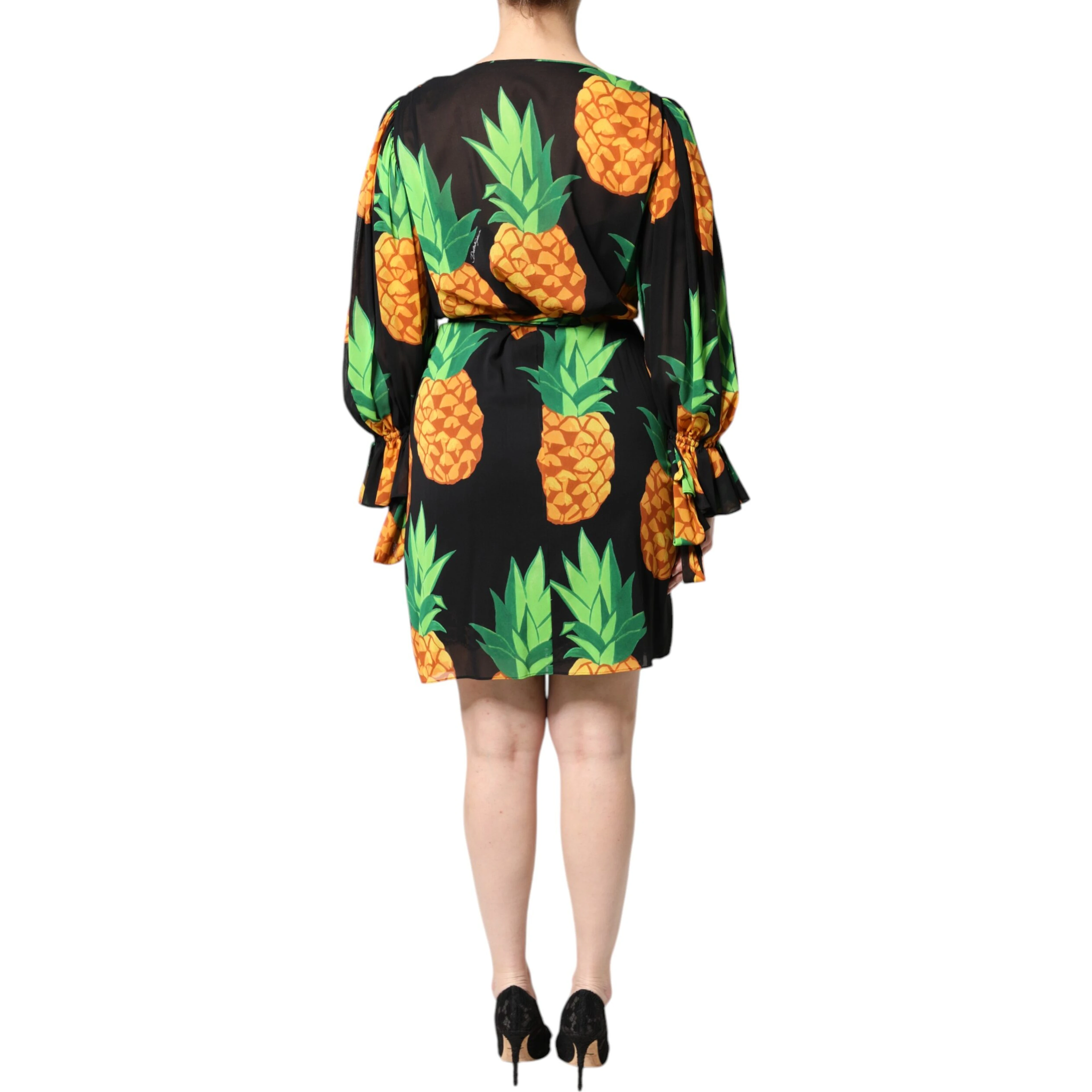 Black Silk Pineapple Draped Print Wrap Dress