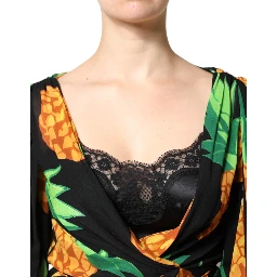 Black Silk Pineapple Draped Print Wrap Dress