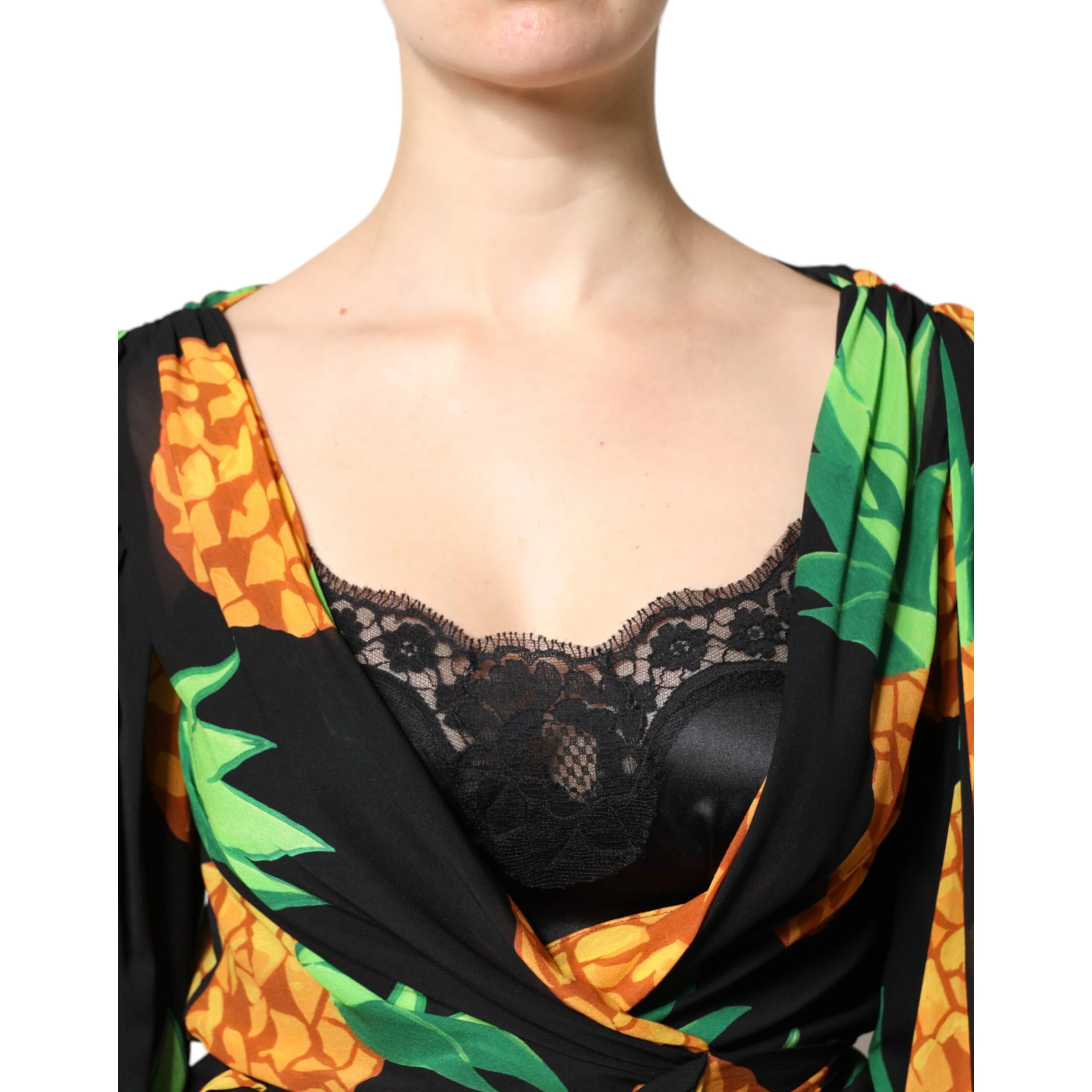 Black Silk Pineapple Draped Print Wrap Dress