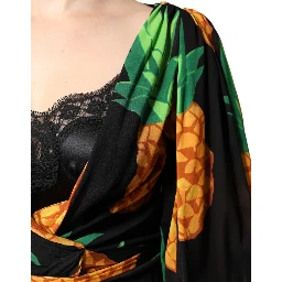 Black Silk Pineapple Draped Print Wrap Dress