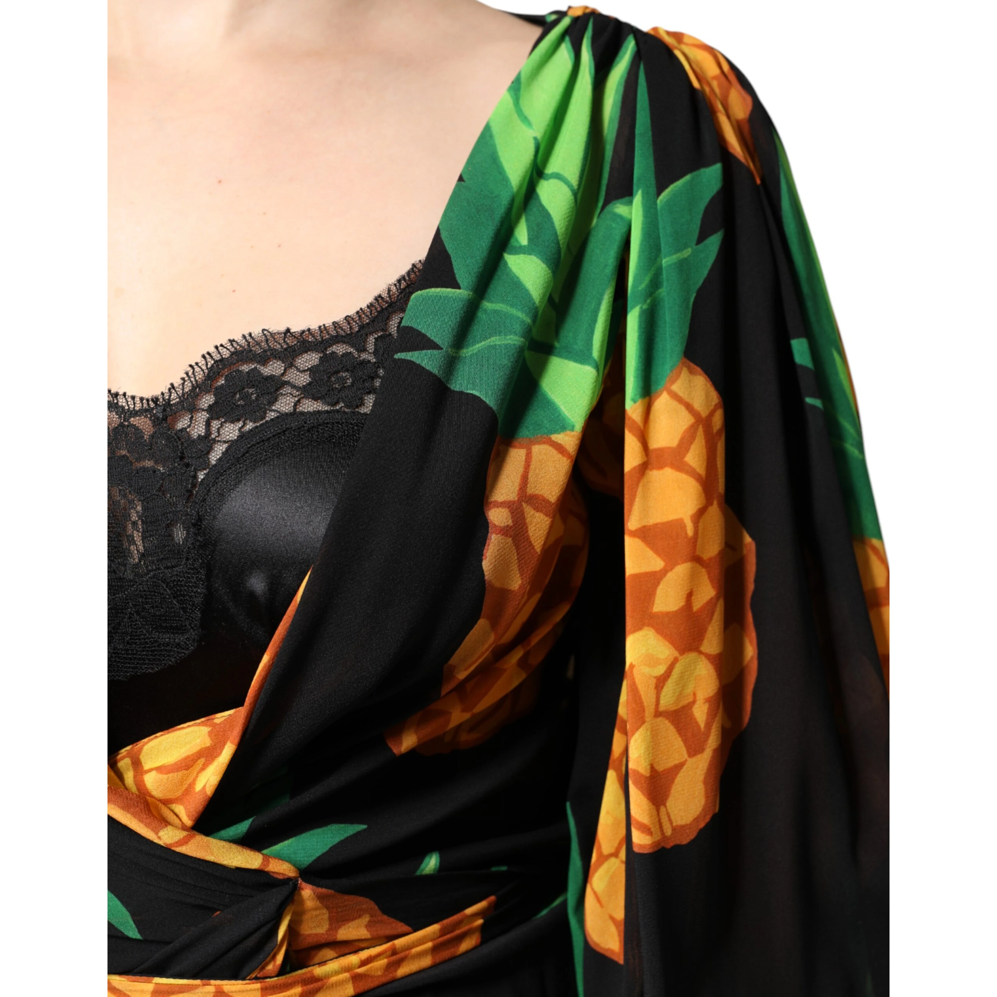 Black Silk Pineapple Draped Print Wrap Dress