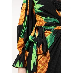 Black Silk Pineapple Draped Print Wrap Dress
