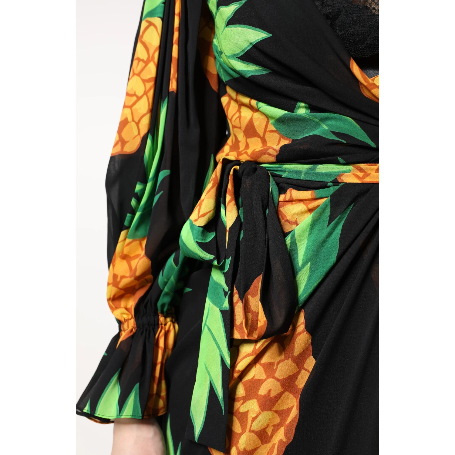 Black Silk Pineapple Draped Print Wrap Dress