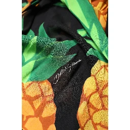 Black Silk Pineapple Draped Print Wrap Dress