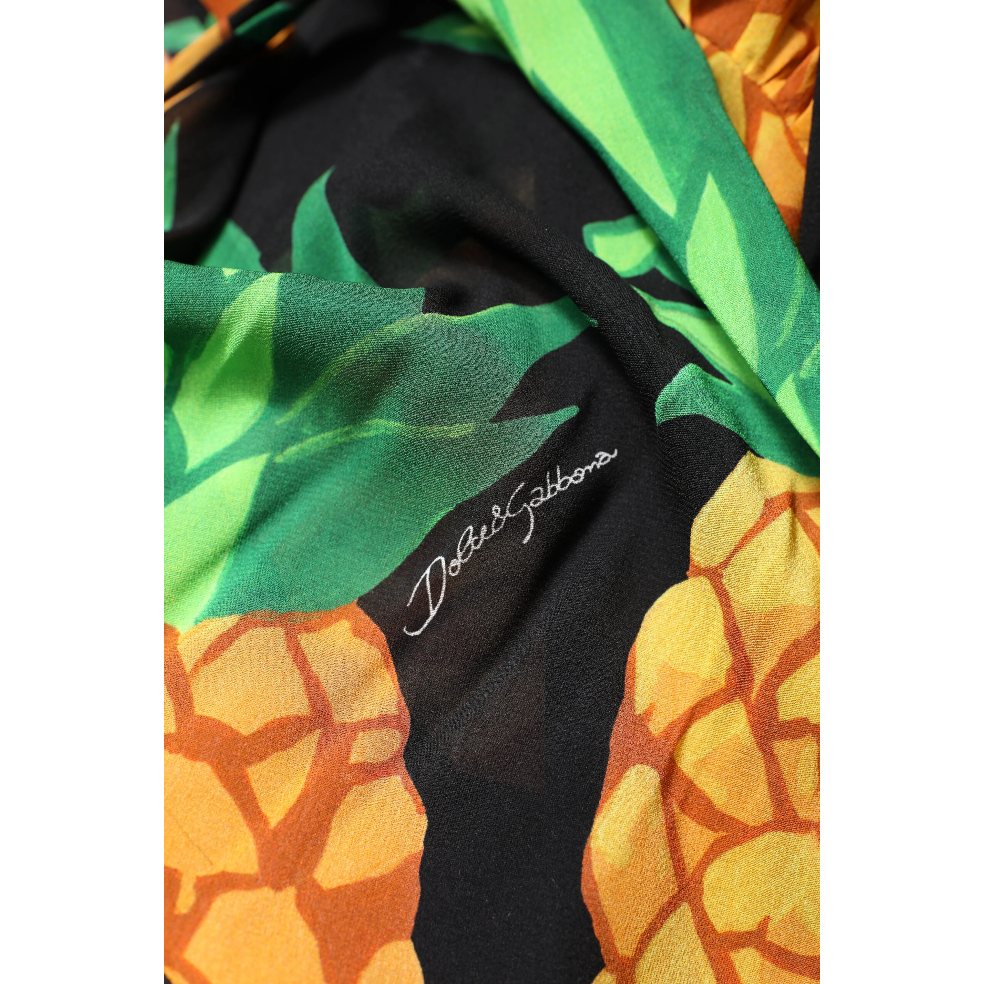 Black Silk Pineapple Draped Print Wrap Dress