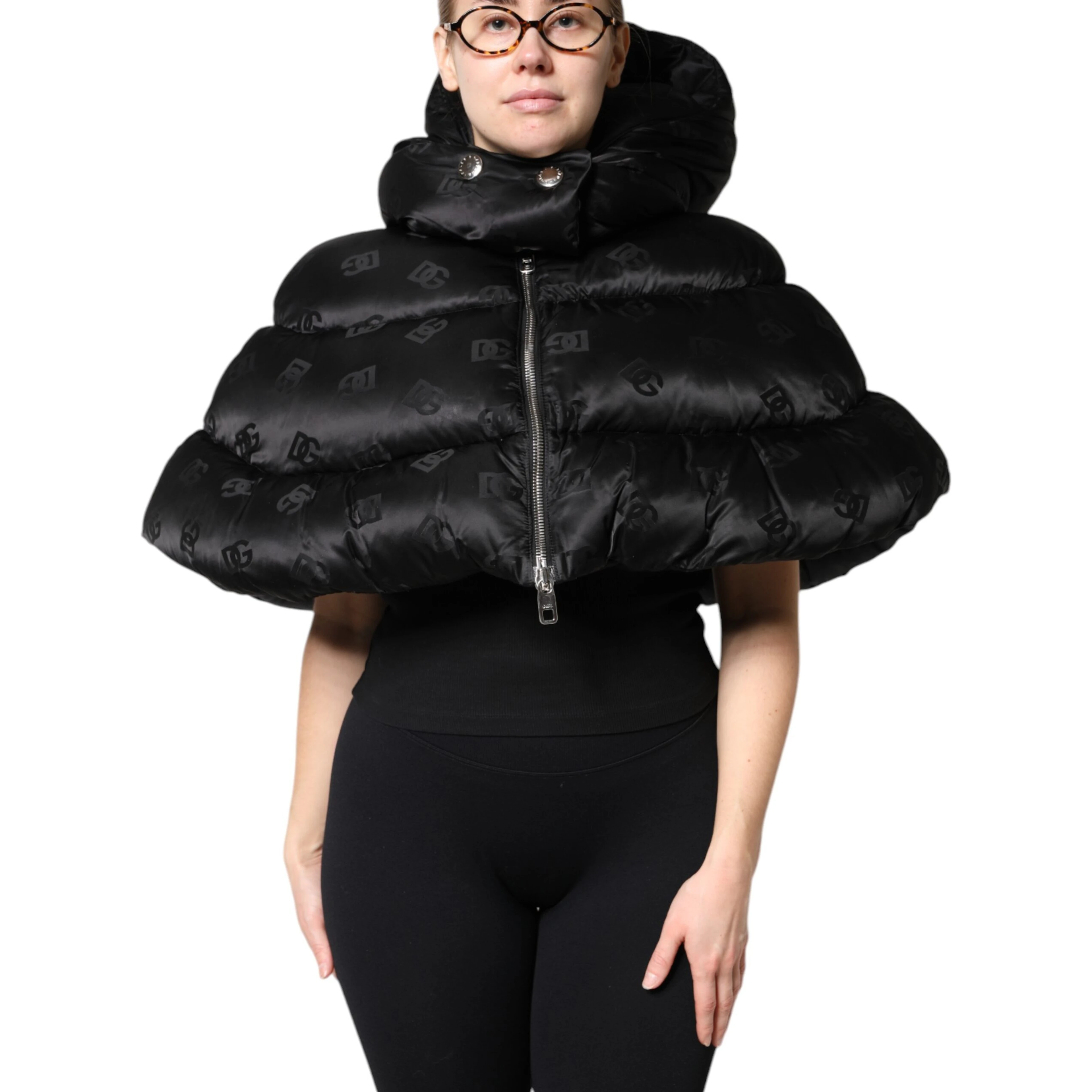 Black Padded Puffer Hooded Full Zip Cropped Jacket