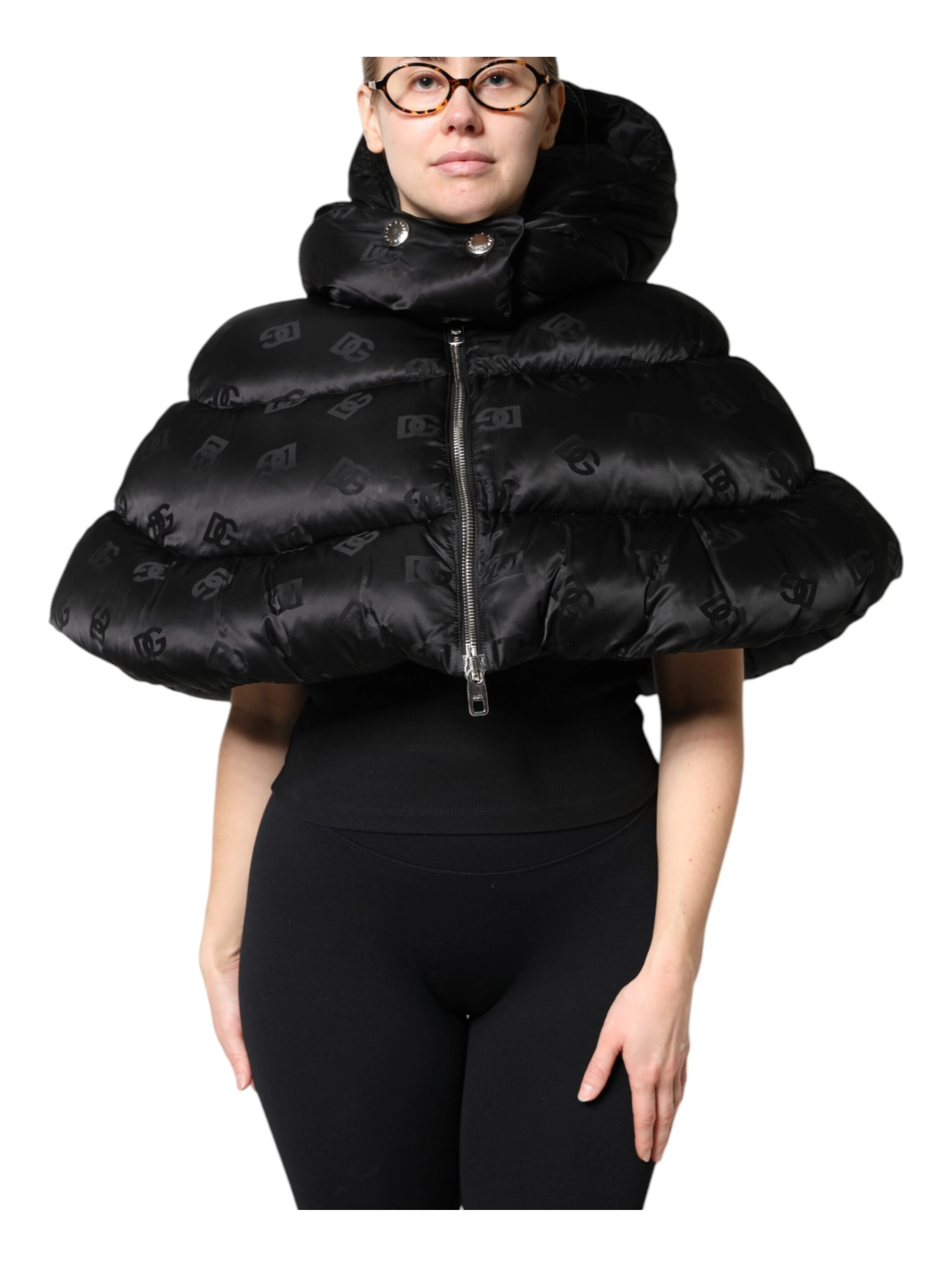 Black Padded Puffer Hooded Full Zip Cropped Jacket