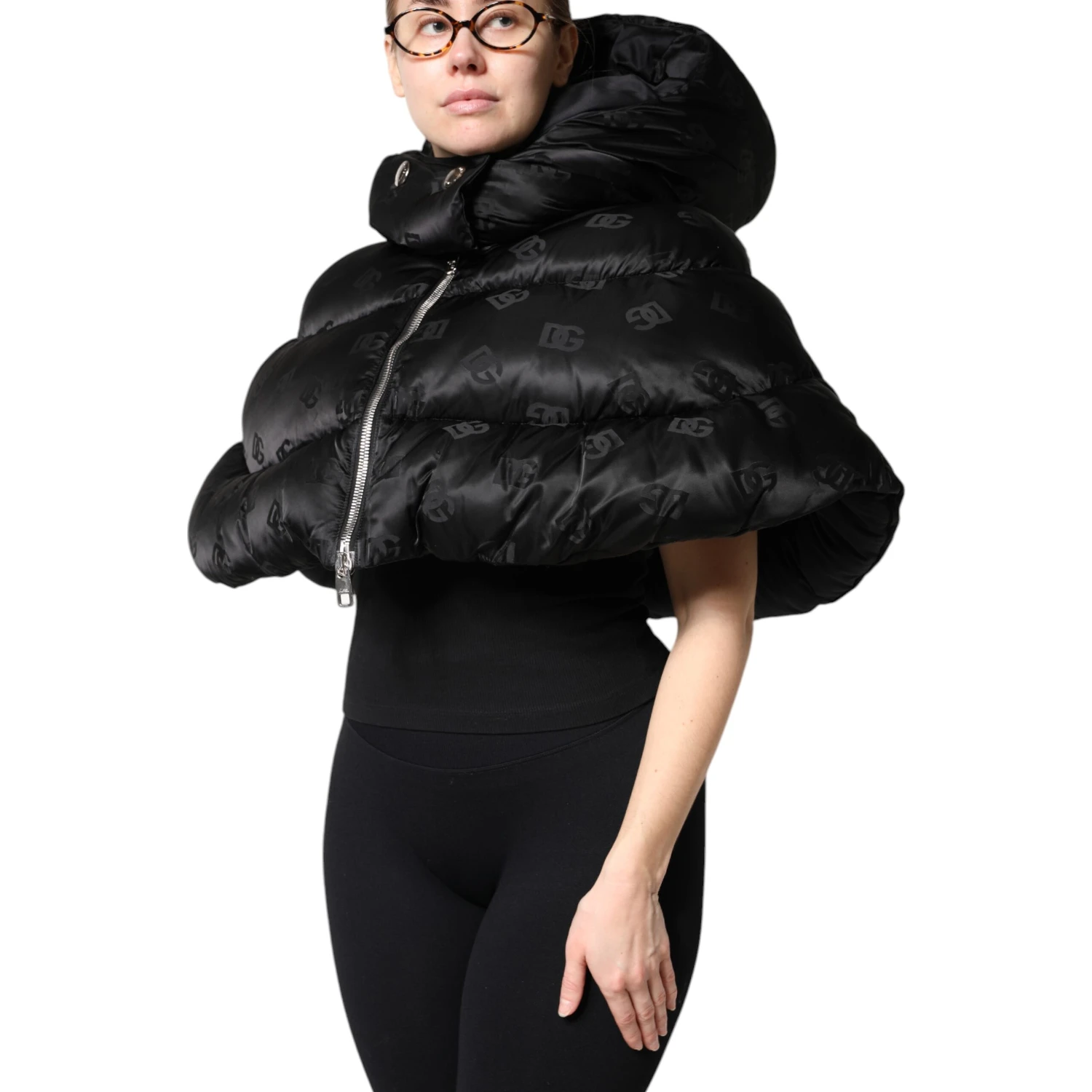 Black Padded Puffer Hooded Full Zip Cropped Jacket
