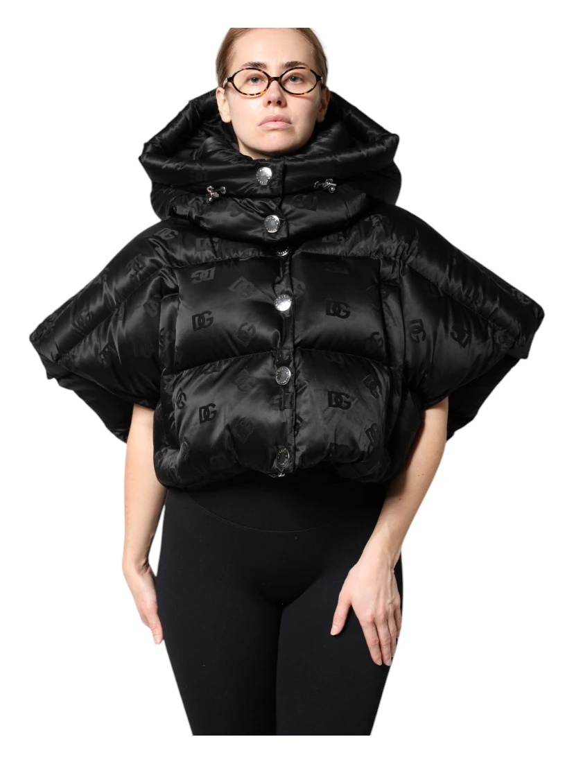 Black Padded Puffer Hooded Full Zip Cropped Jacket