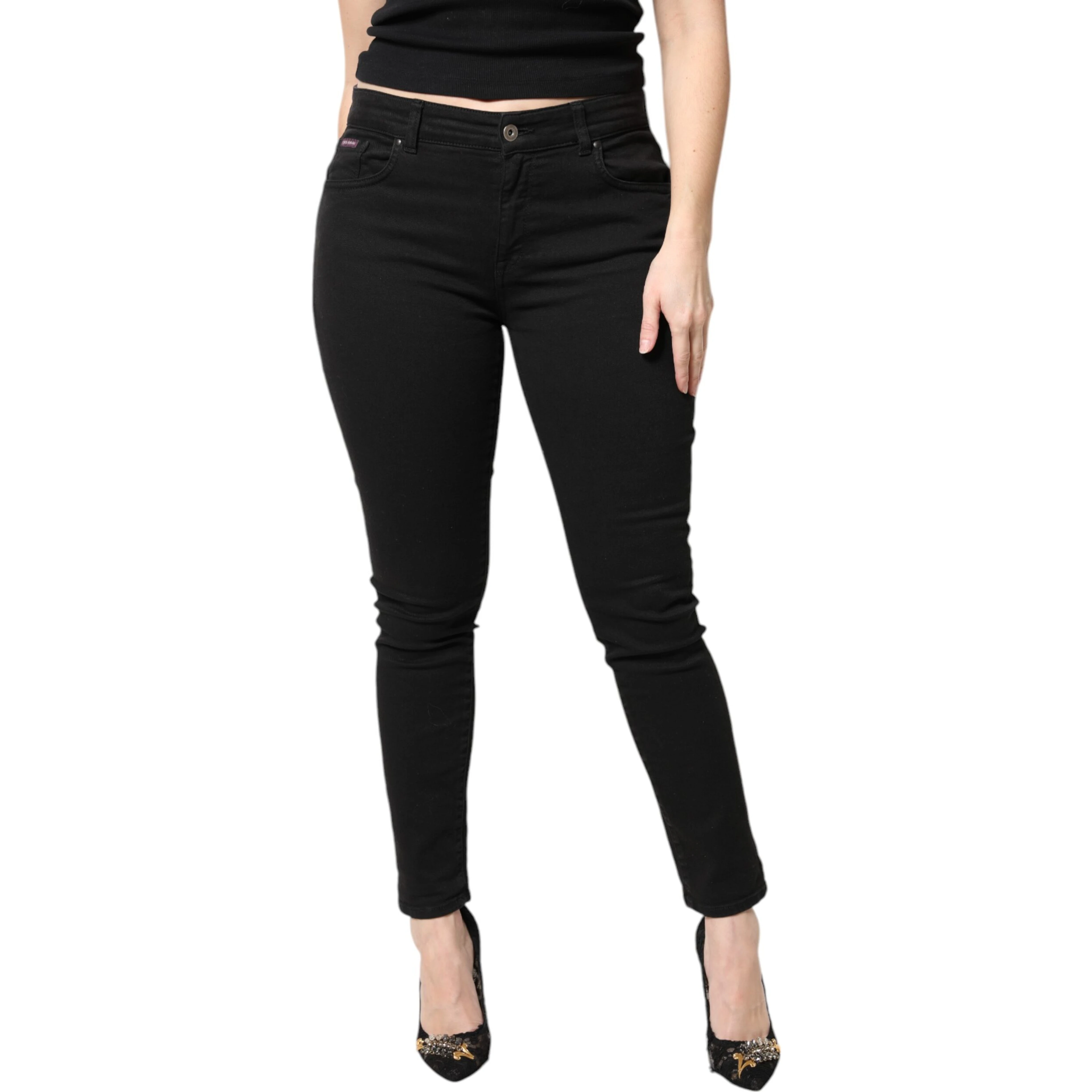 Black Cotton Mid Waisted Skinny Denim Jeans