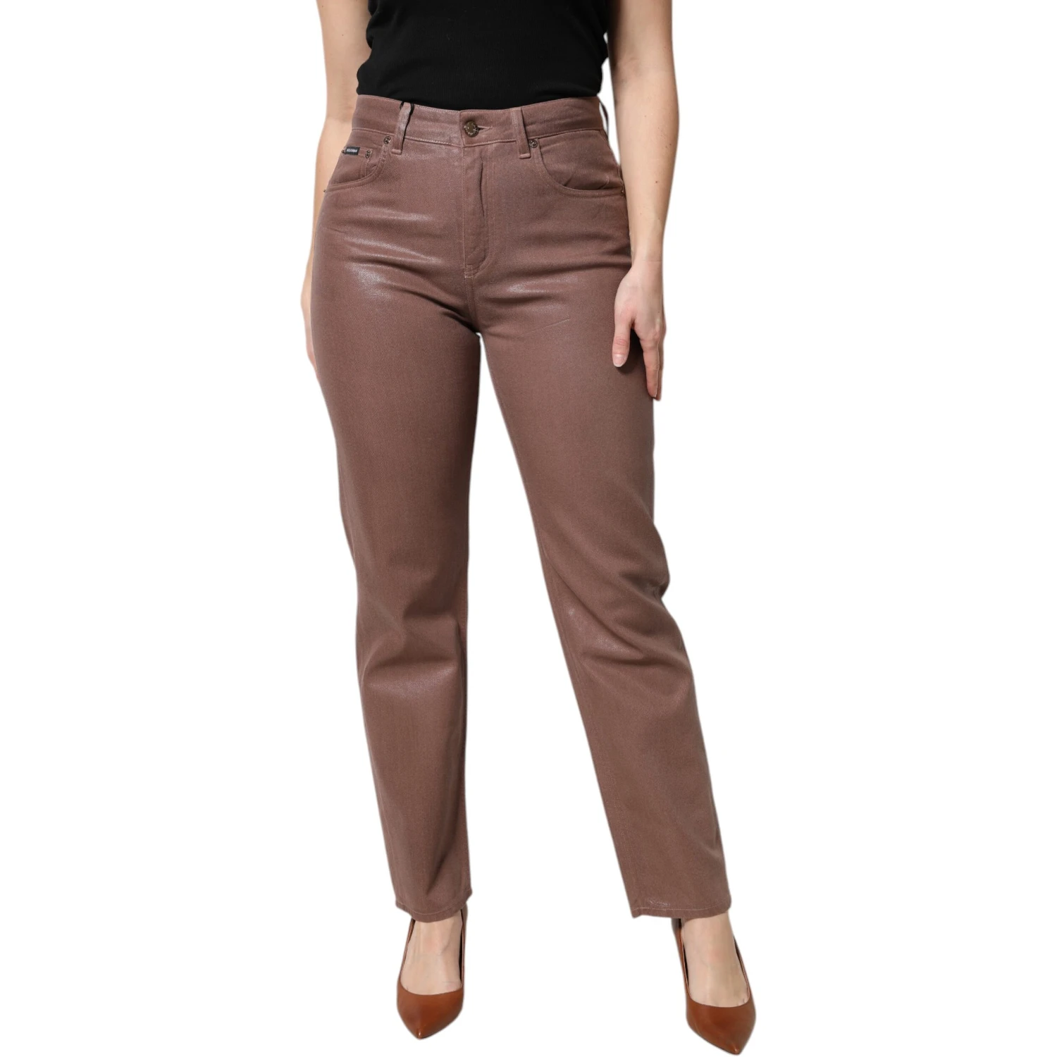 Brown Cotton High Waist Tapered Denim Jeans