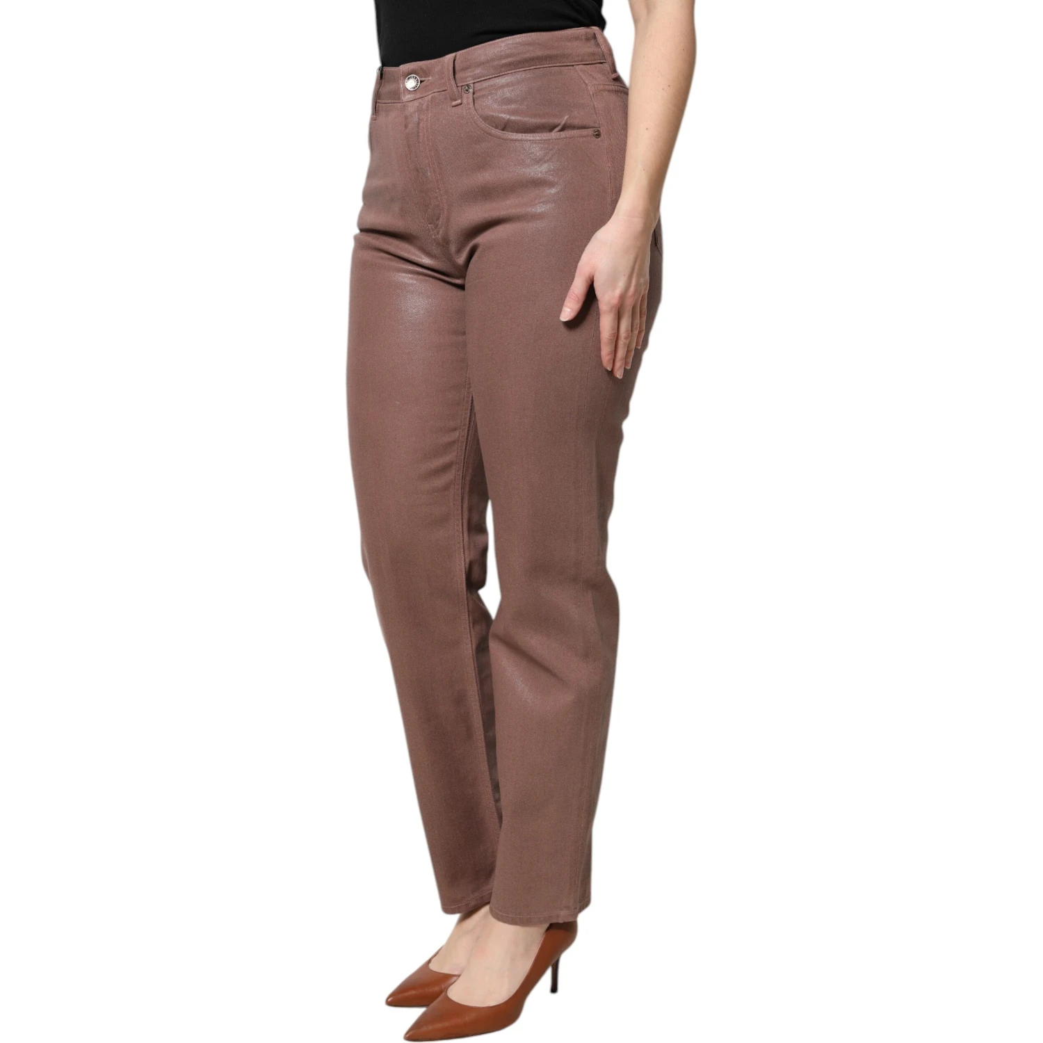 Brown Cotton High Waist Tapered Denim Jeans