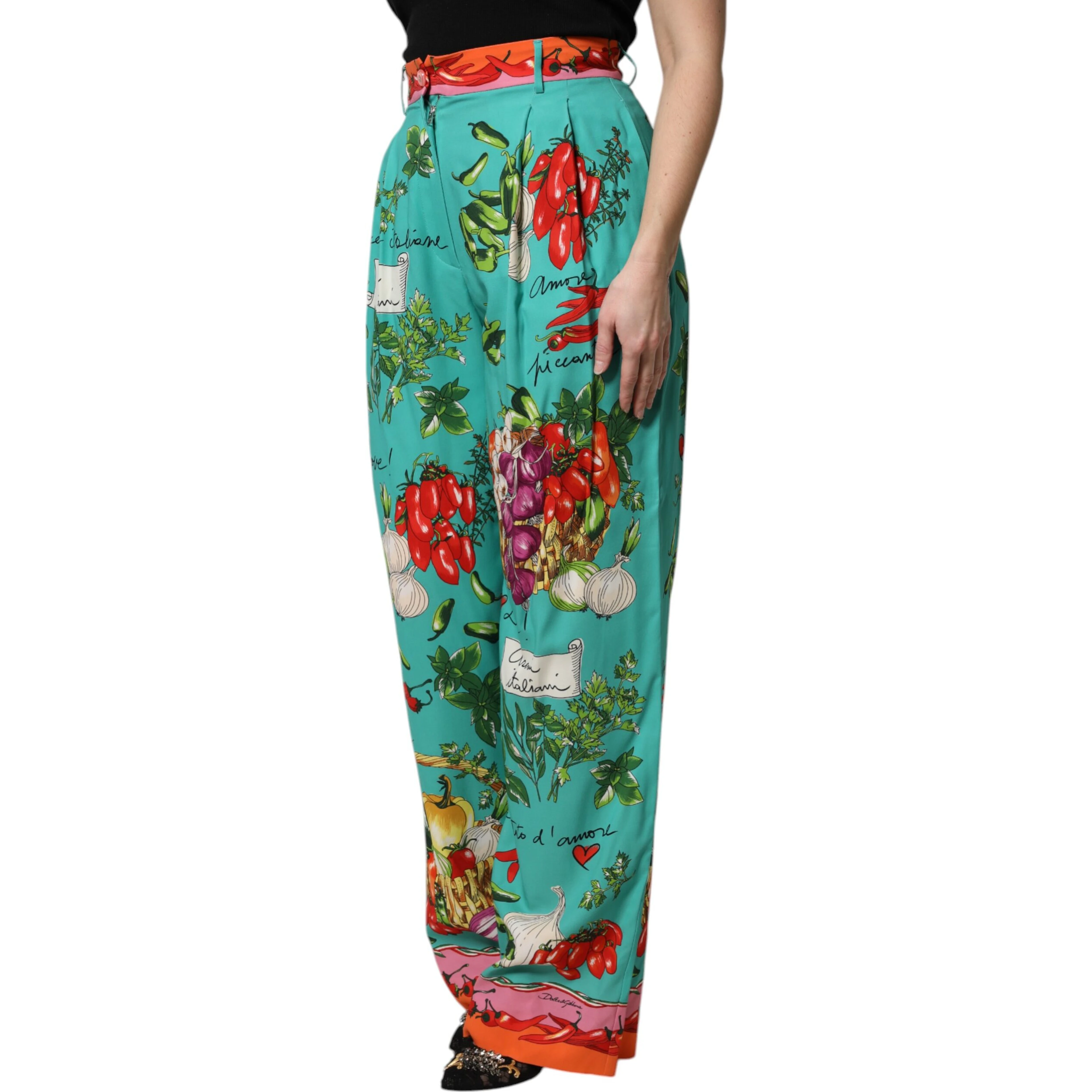 Green Silk Printed Straight Pants
