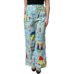 Light Blue Drawing Mid Waist Wide Leg Pants