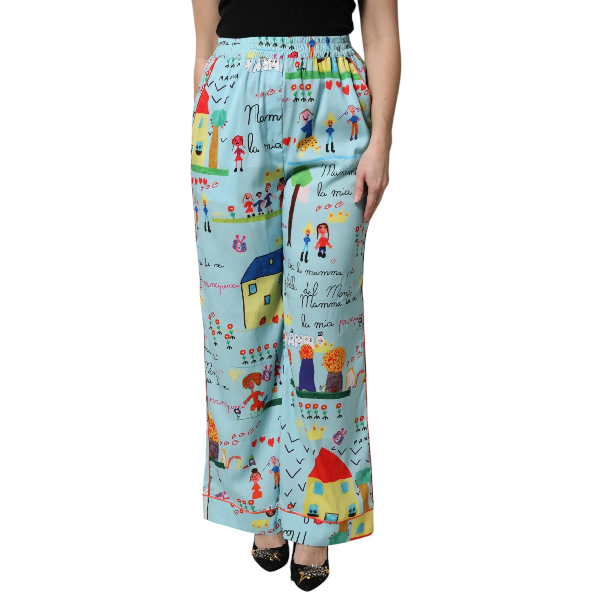 Light Blue Drawing Mid Waist Wide Leg Pants